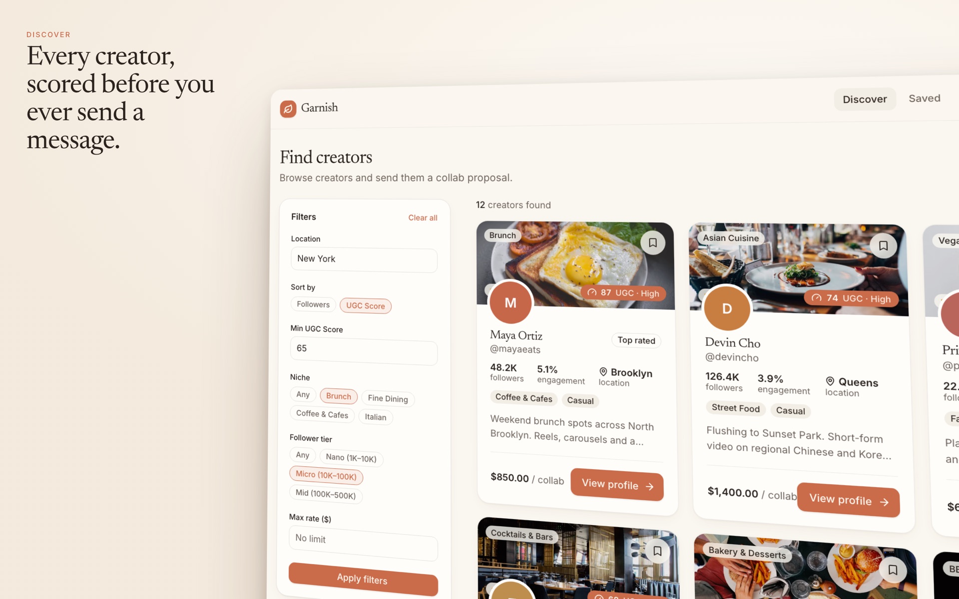Garnish Discover: a creator grid with filters for niche, follower tier and minimum UGC Score.