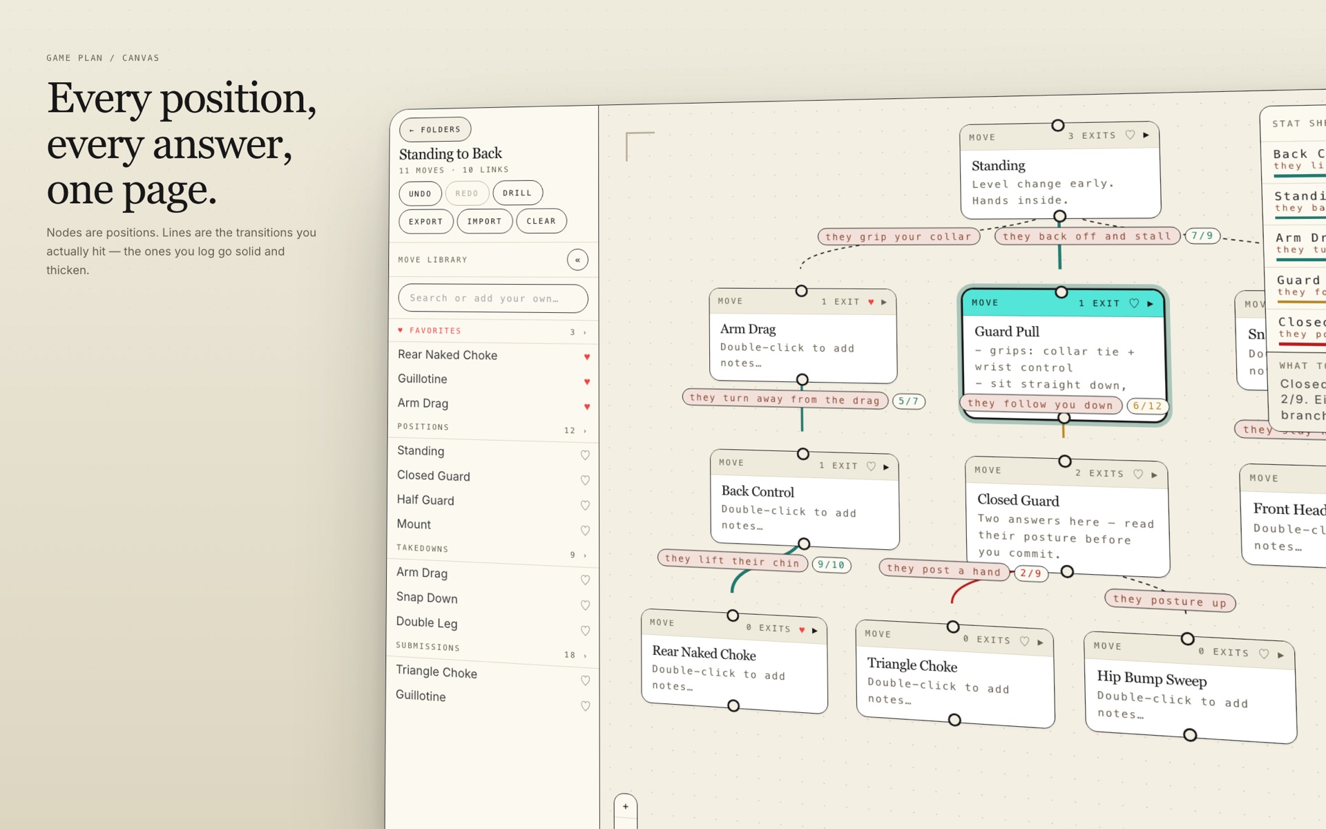 The Game Plan Studio canvas: positions as nodes wired by labelled transitions, with a move library and a stat sheet of how often each link lands.