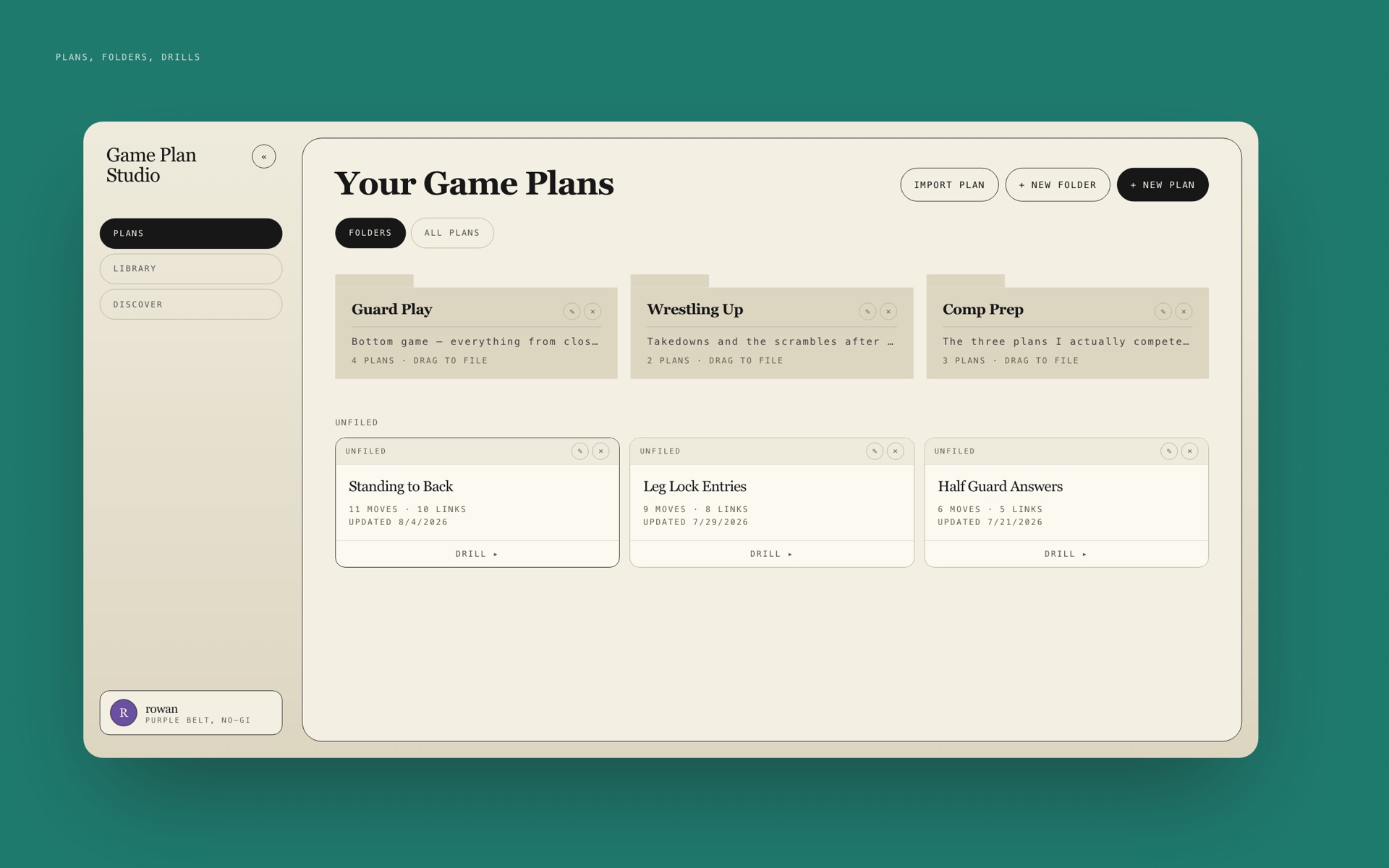 The plans index: game plans grouped into folders like Guard Play and Comp Prep, with unfiled plans below.